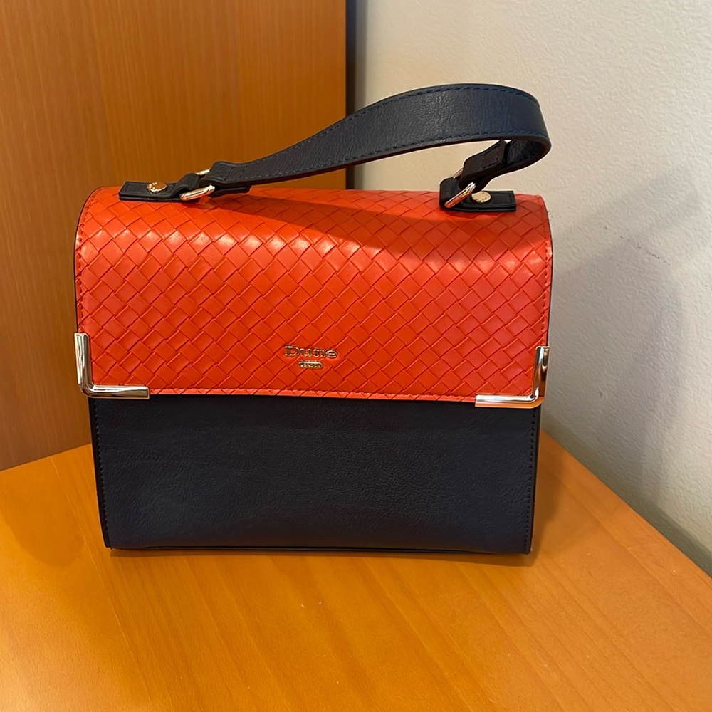 Navy, orange and white top handle satchel